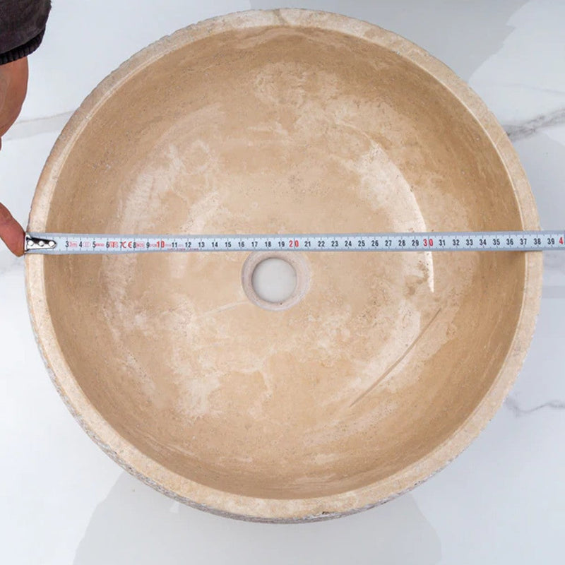 Light beige travertine vessel sink honed inside sandblasted outside size (D)16" (H)6" SKU-EGELBTR1662 diameter measure