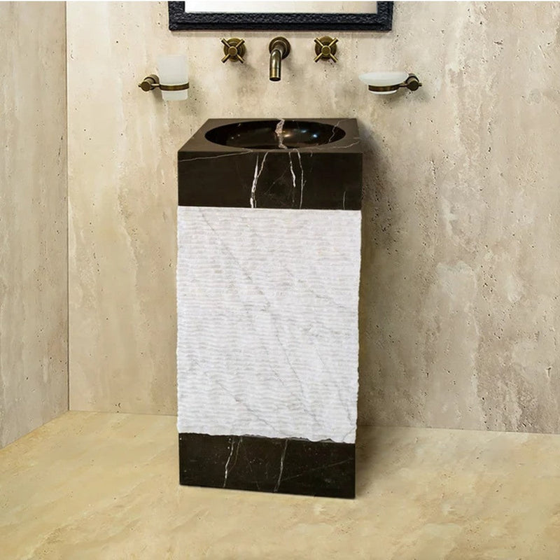 Natural Stone Marble Pedestal Sink Toros Black Carrara White Polished (L)16" (W)16" (H)36" SKU-NTRVS28 installed on bathroom stand alone