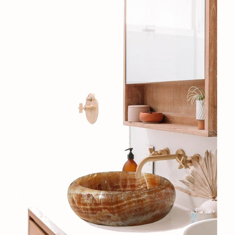 Natural Stone Honey Onyx Vessel Sink SKU-20020017 Installed at bathroom