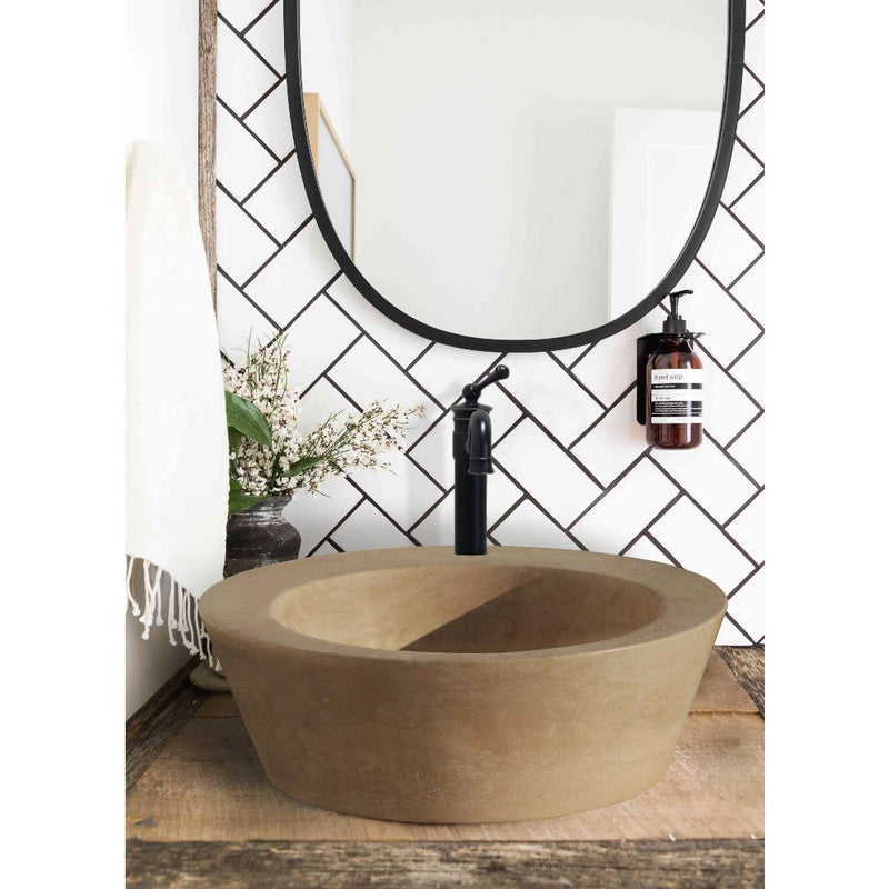 Natural Stone Light Travertine Vessel Sink SKU-20020009 Installed view at bathroom