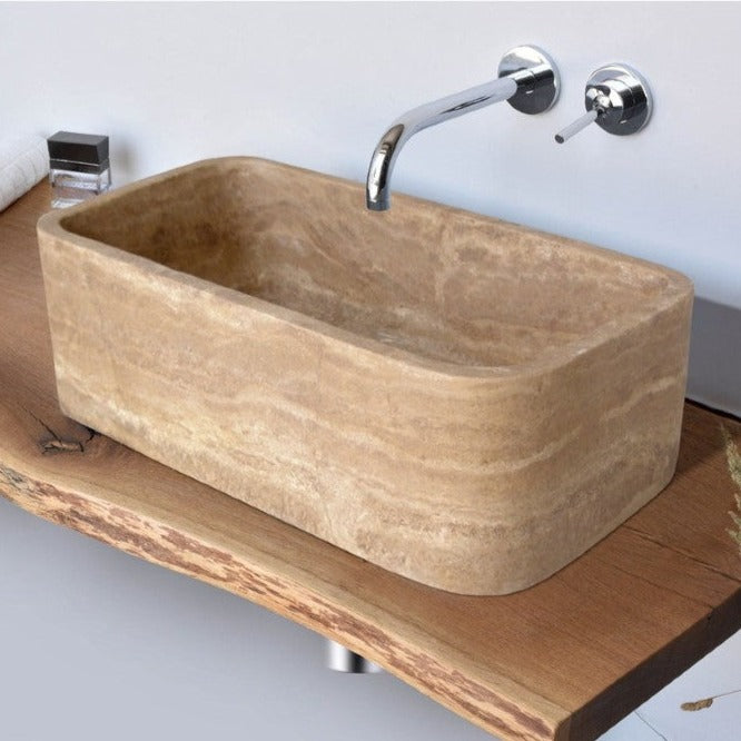 Gobek Noce Brown Travertine Natural Stone Farmhouse Apron Kitchen Sink