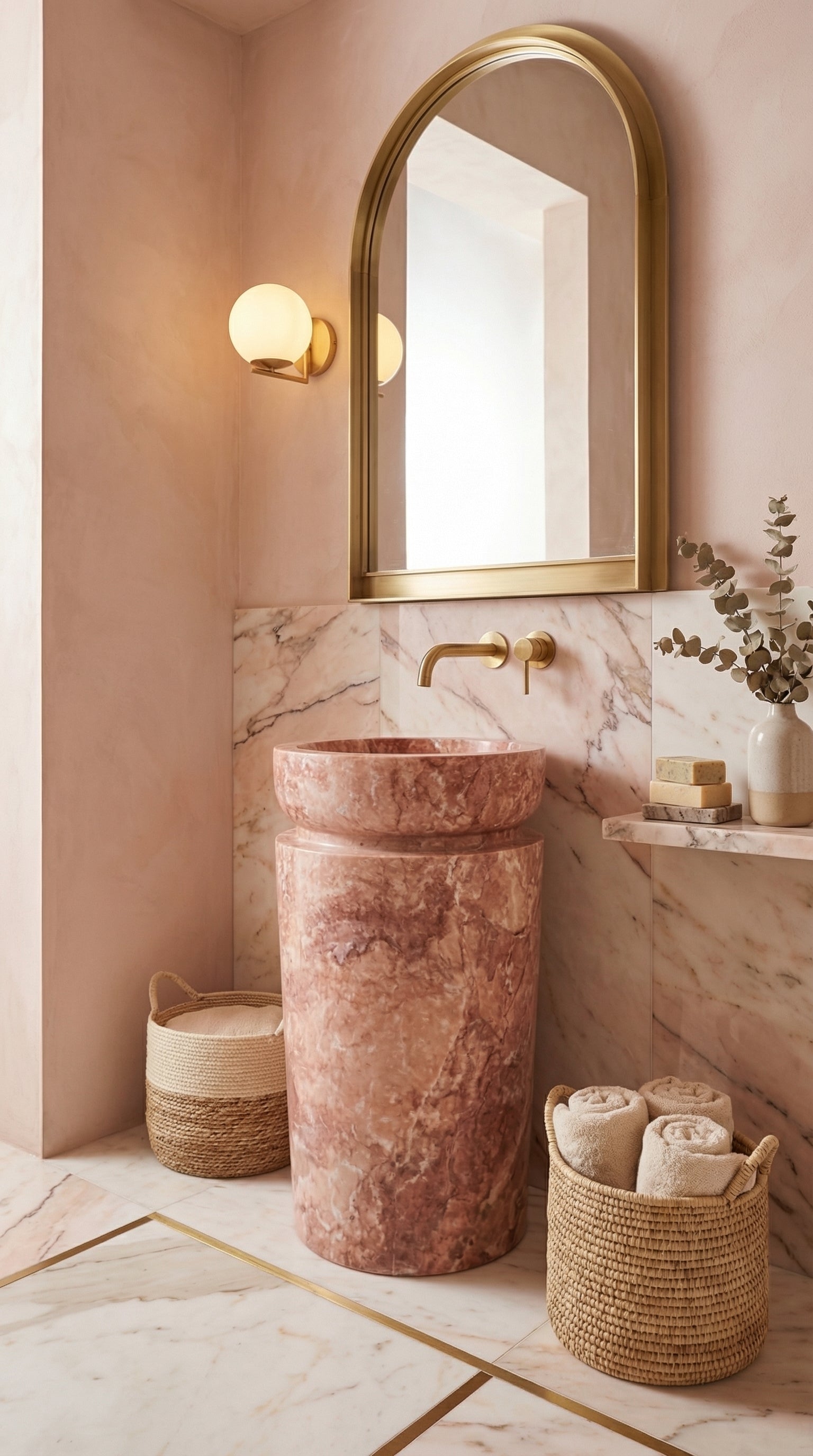 Bathroom with pink marble sink, gold faucet, and decorative elements. Red Travertine Designer Pedestal Stand-Alone Sink (W)18" (L)18" (H)33"