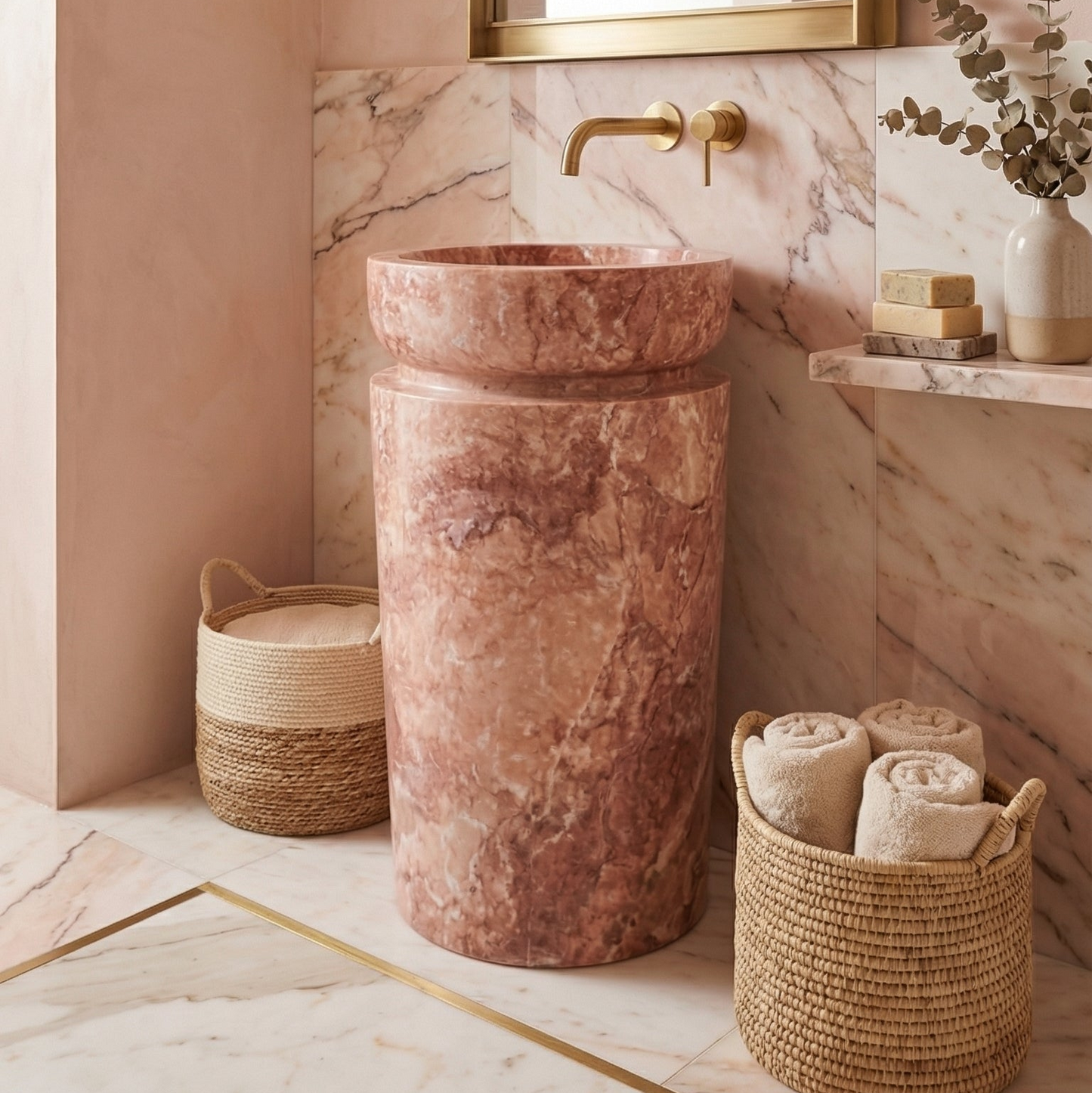 Red Travertine Designer Pedestal Stand-Alone Sink (W)18" (L)18" (H)33"