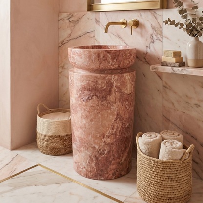 Red Travertine Designer Pedestal Stand-Alone Sink (W)18" (L)18" (H)33"