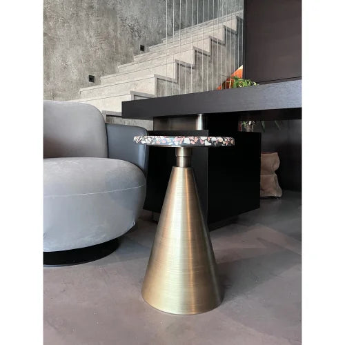 Terrazzo Round End/Side Table - Designer Furniture Collection gray color sofa concrete floor stairs on the back wide view room scene