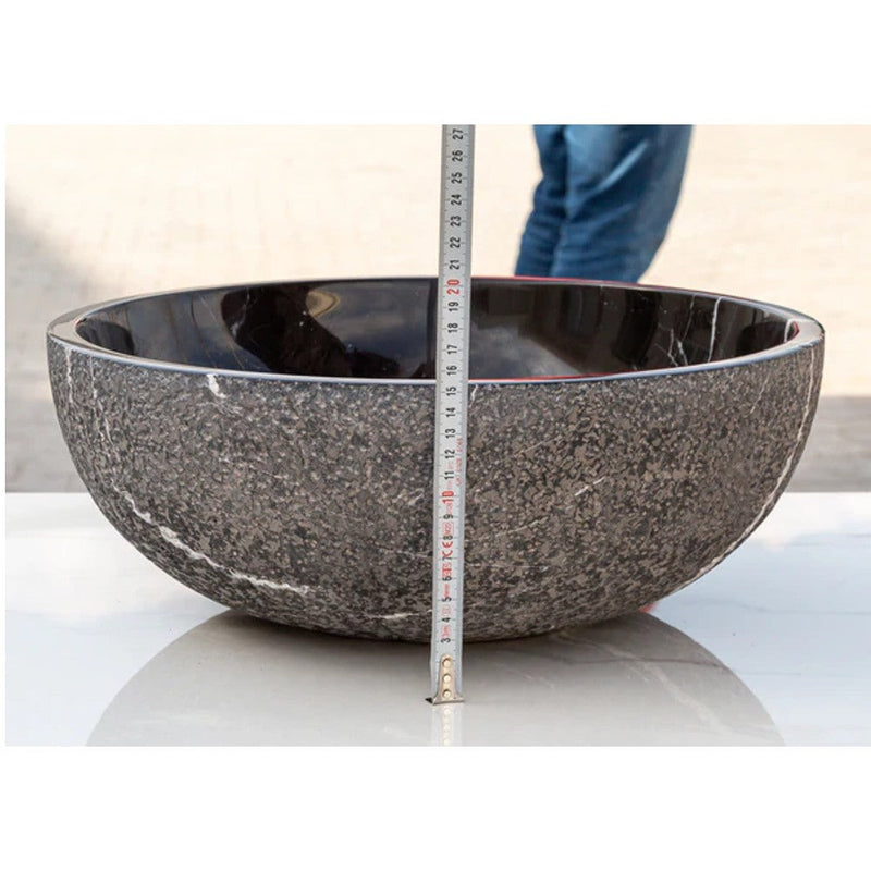 Toros Black Marble Natural Stone Vessel Sink Polished and Rough D16 H6 SKU EGE7TBP165 side measure view