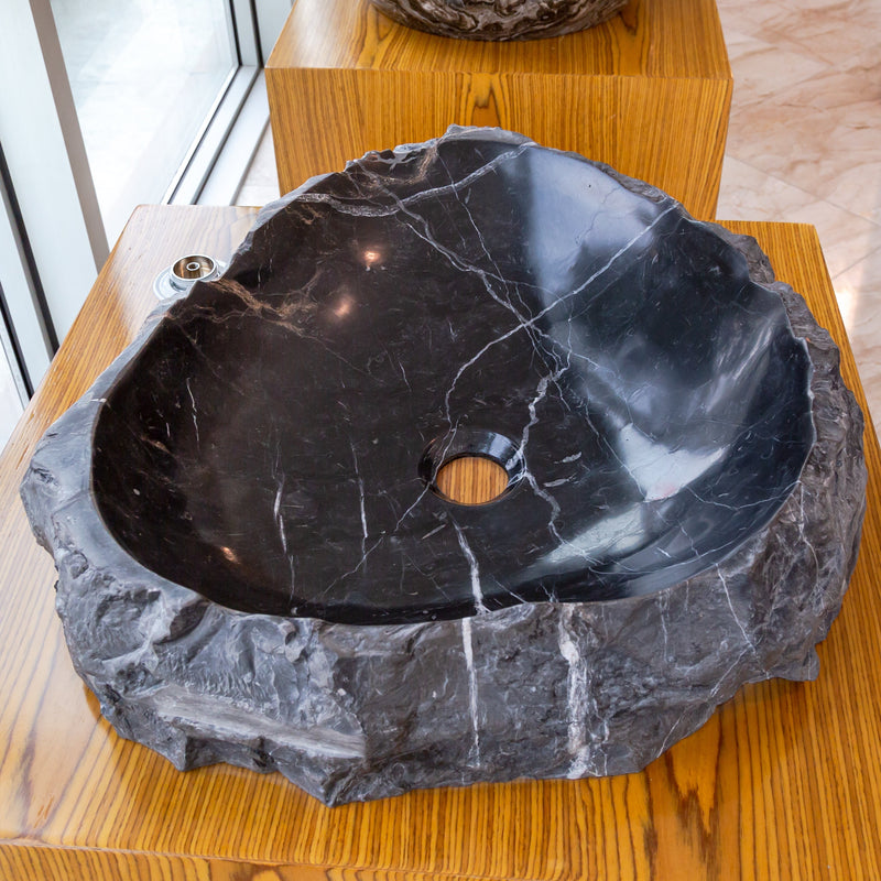 toros black rustic marble natural stone vessel sink polished hand-split face size (W)17" (L)17" (H)5" SKU-NTRVS08 product shot angle view