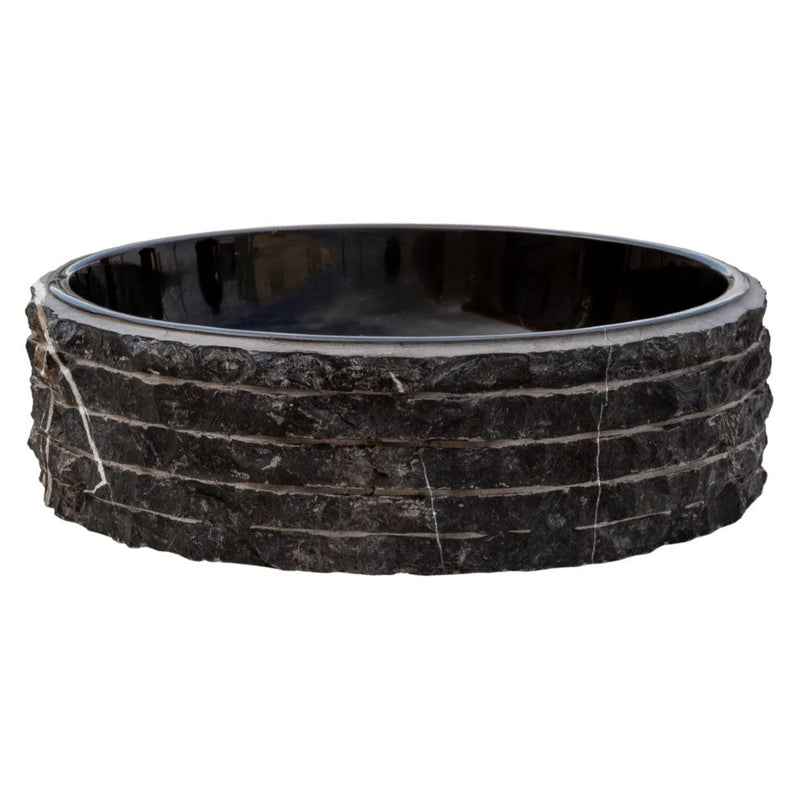 Toros Black Marble Vessel Bathroom Sink Bowl Polished Interior and combed Exterior D16 H5 SKU EGENTBM1675 side view