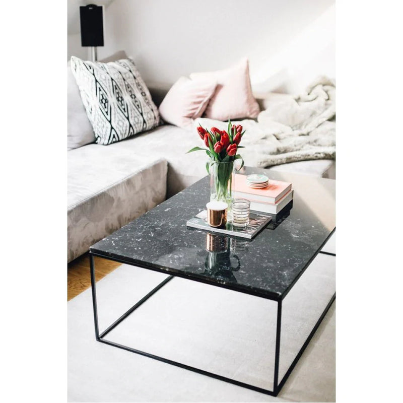 Toros Black marble coffee table 16x32 black paint legs at living room  SKU-MSTB28x28WP