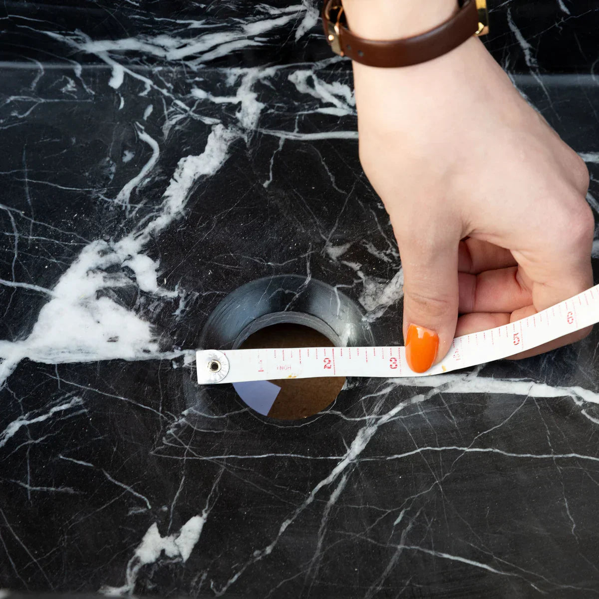 Toros Black Marble Rectangular Wall-mount Bathroom Sink (W)12" (W)18" (H)7" drain measure view