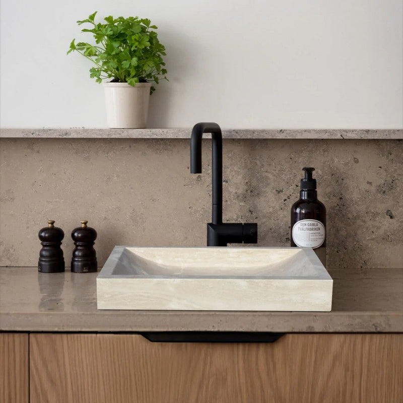 Troia Light Travertine Rectangular Vessel Sink Honed Filled (W)16" (L)27.5" (H)4" SKU-NTRSTC37 installed on kitchen