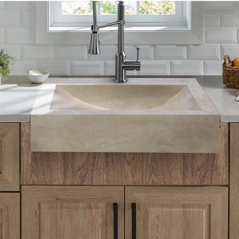 Troia Light Travertine Rectangular Vessel Sink Honed and Filled size (W)18" (L)21.4" (H)4" SKU-NTRSTC34 installed on kitchen 