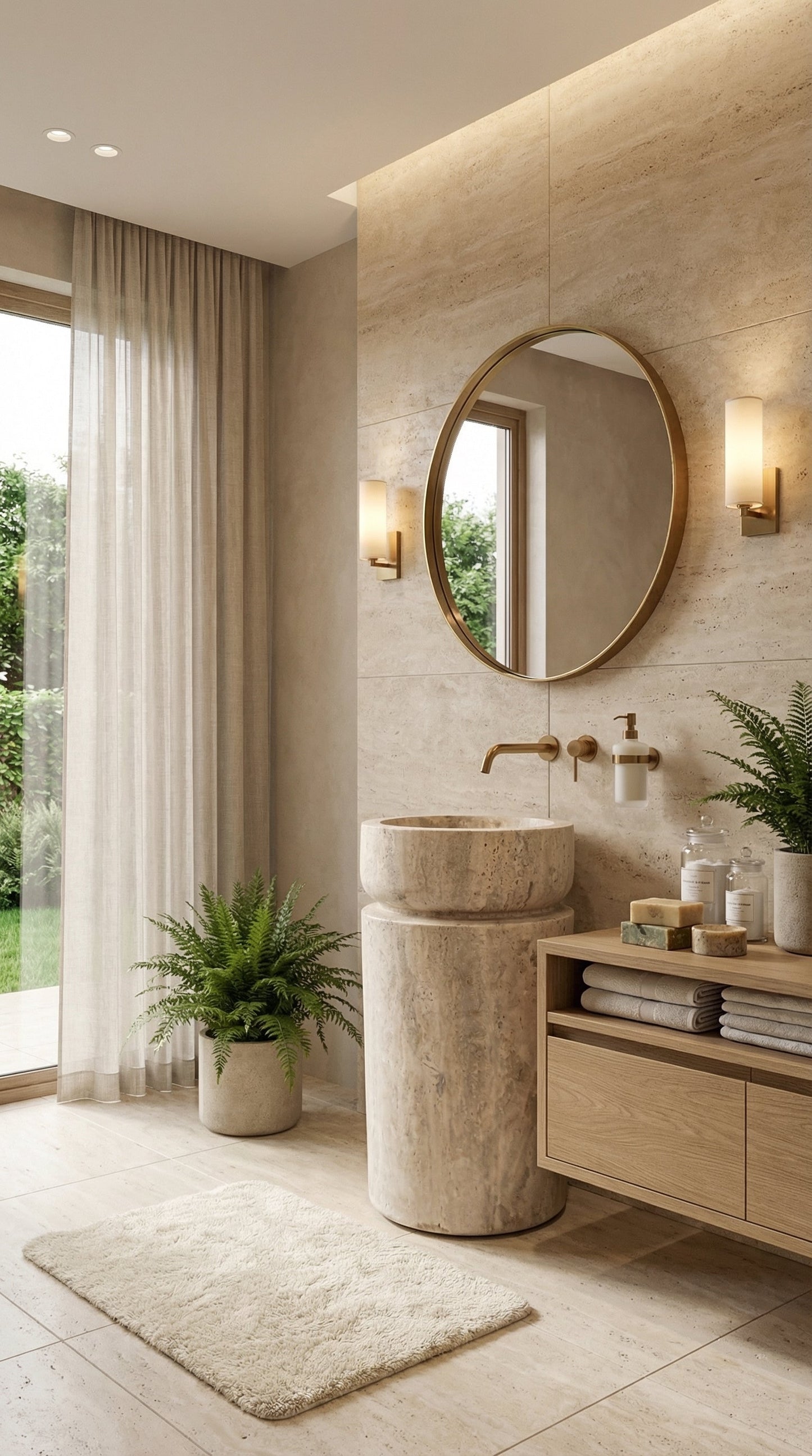 Modern bathroom with a round mirror, sink, and plants.