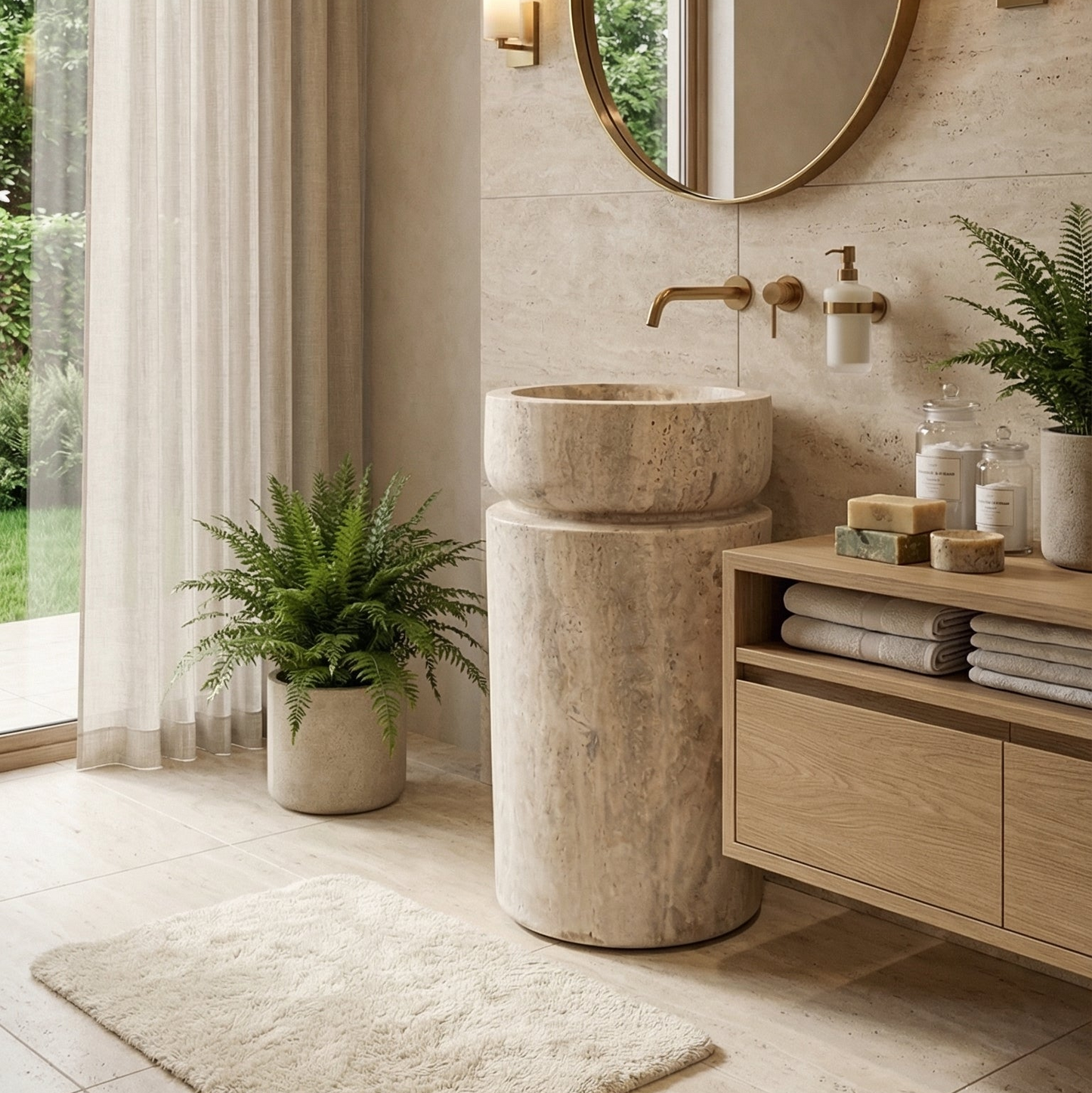 Bathroom with stone sink, wooden cabinet, and plants Troia Light Travertine Designer Pedestal Stand-Alone Sink (W)18" (L)18" (H)33"