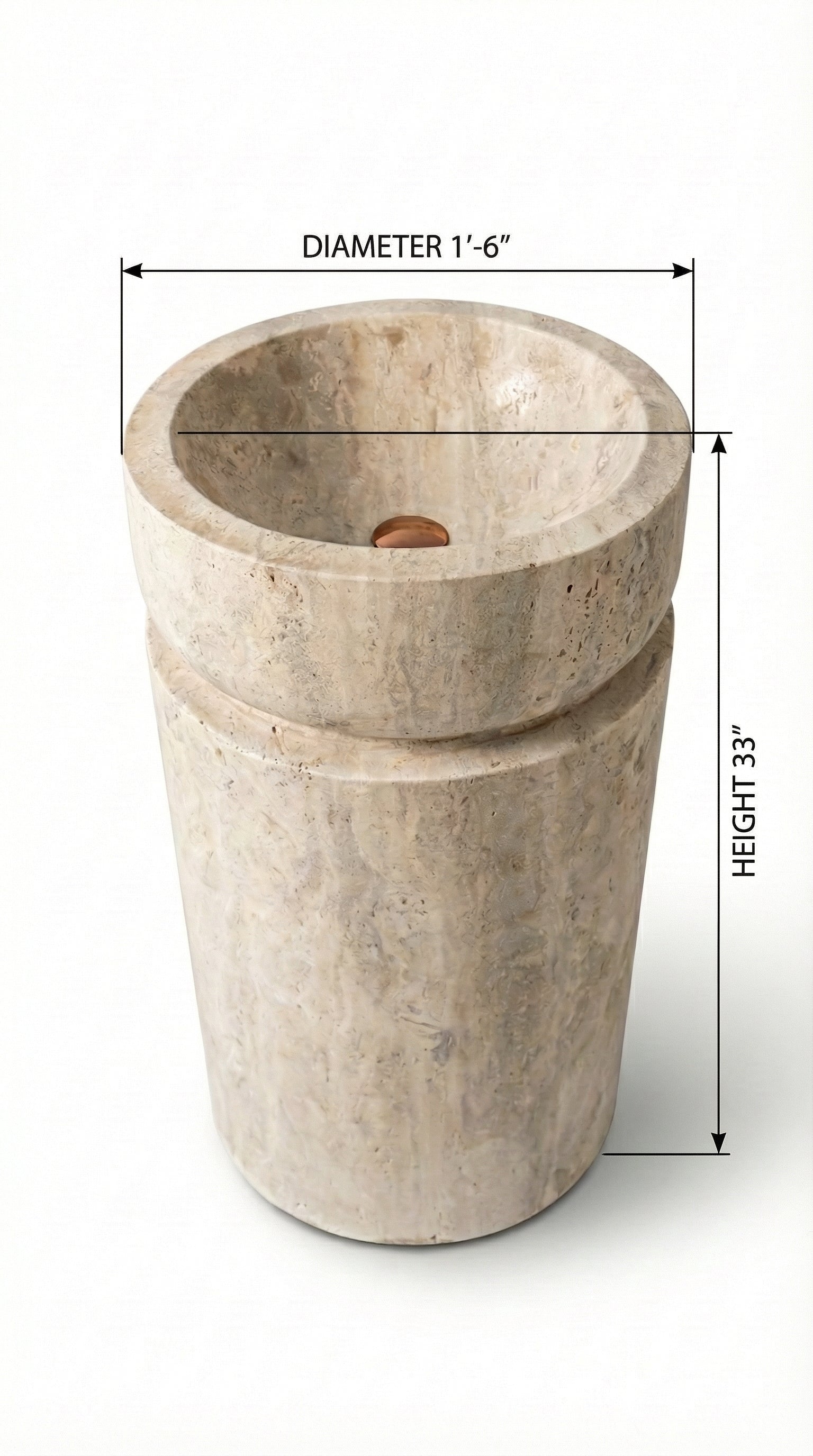 Troia Light Travertine Designer Pedestal Stand-Alone Sink (W)18" (L)18" (H)33"