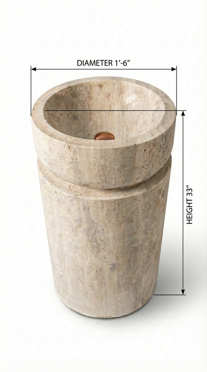 Troia Light Travertine Designer Pedestal Stand-Alone Sink (W)18" (L)18" (H)33"