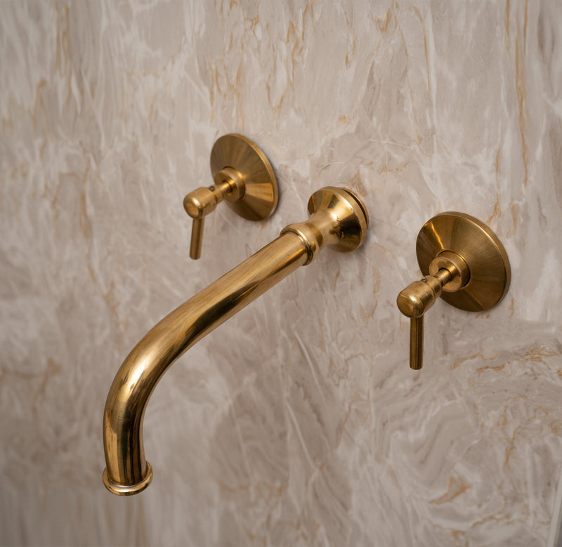 Unlacquered Brass Wall Mount Double Lever Handle Bathroom Sink Faucet - Rough in Valve Included