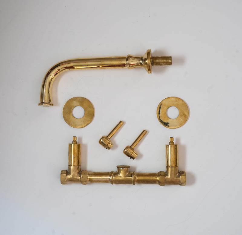 Unlacquered Brass Wall Mount Double Lever Handle Bathroom Sink Faucet - Rough in Valve Included