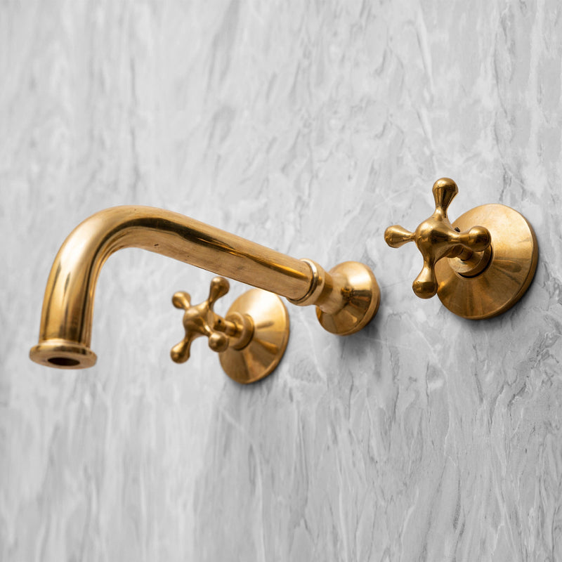 Unlacquered Brass Wall Mounted Bathroom Faucet with Cross Handles