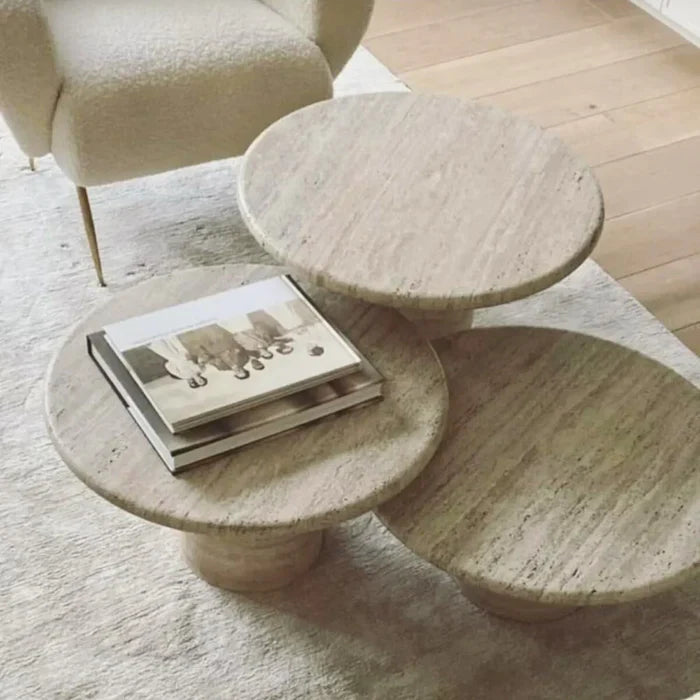 Valencia Travertine Coffee Table Vein-cut Round Set of 3 Polished