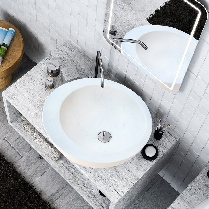 White limestone sloped rim circular vessel sink NTRSTC07 bathroom view