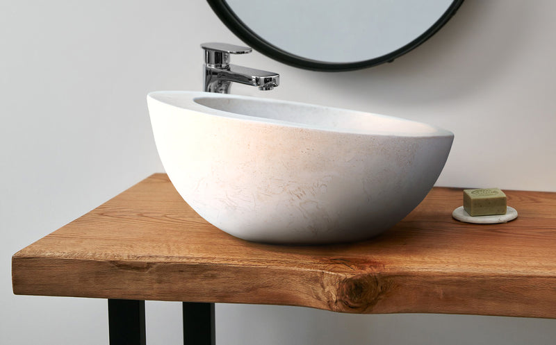 Gobek White Fossil Limestone Natural Stone Sloped Rim Vessel Sink