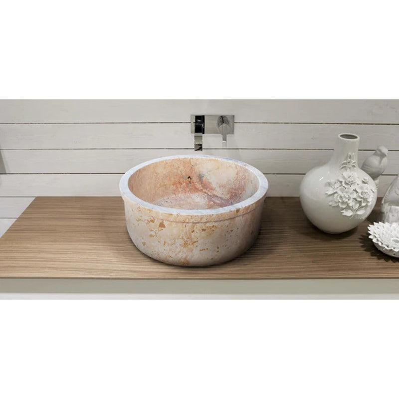 Natural Stone Beige Travertine Self-Rimming Drop-in Vessel Sink Polished (D)16" (H)6.5"