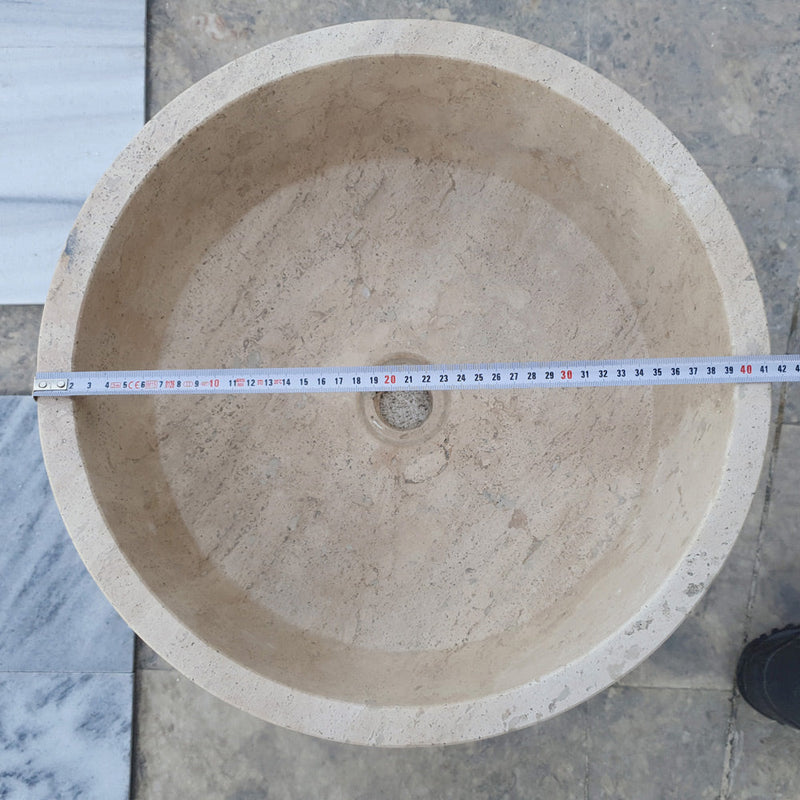 beige travertine vessel sink size (D)16" (H)6" SKU TMS02 diameter measure view product shot