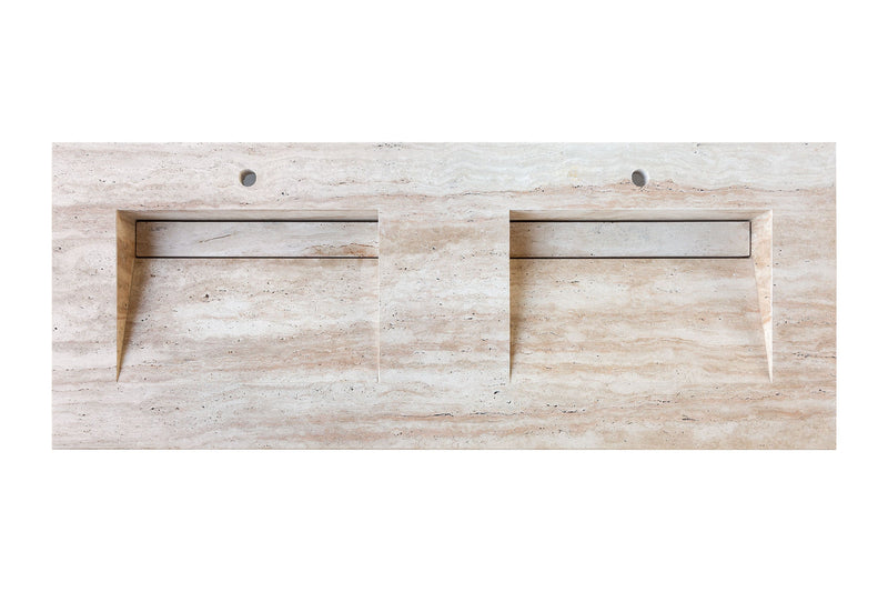 Beige Vein-Cut Travertine Double Bathroom Vanity Top Sink - (W)23" (L)60" (H)5.5"