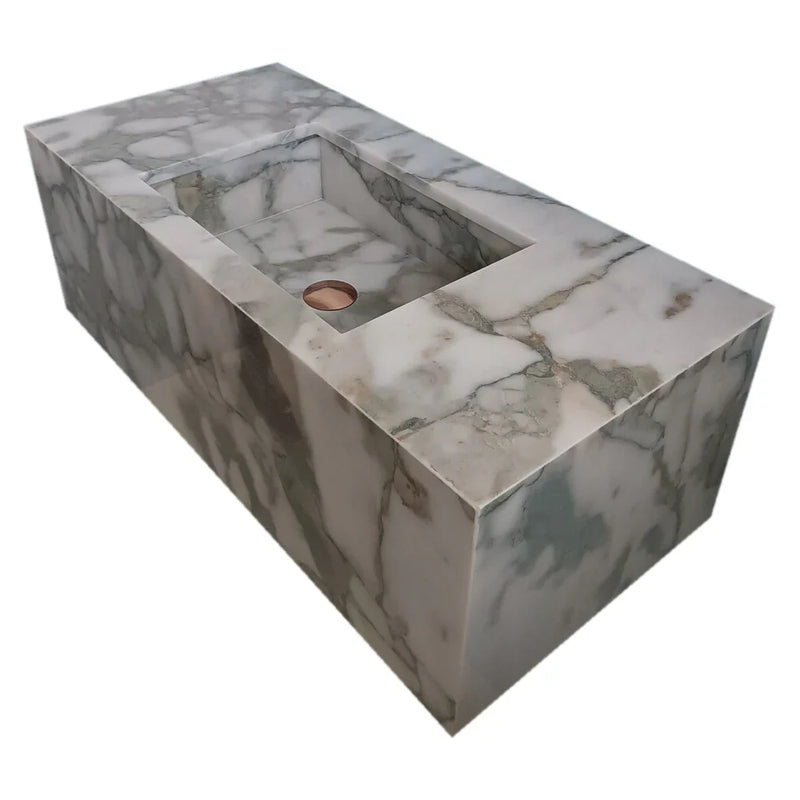 Calacatta Verde Marble Rectangular Wall-mount Bathroom Sink with 10" Backsplash (W)16" (L)34" (H)12"