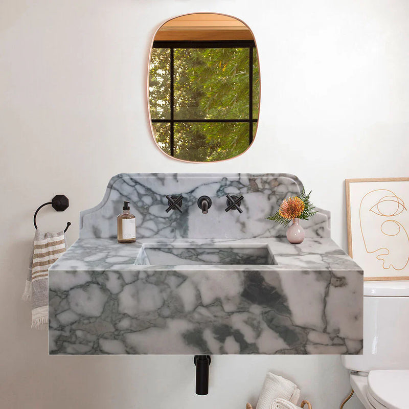 Calacatta Verde Marble Rectangular Wall-mount Bathroom Sink with 10" Backsplash (W)16" (L)34" (H)12"