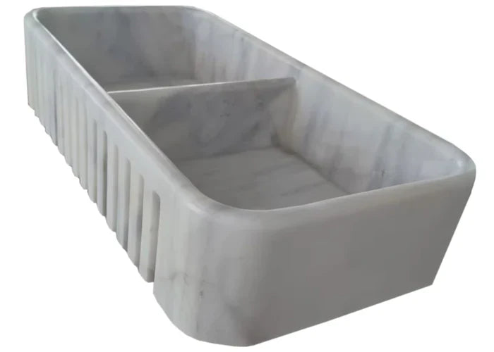 Carrara White Marble Farmhouse Apron Kitchen Double Sink (W)18" (L)36" (H)8"