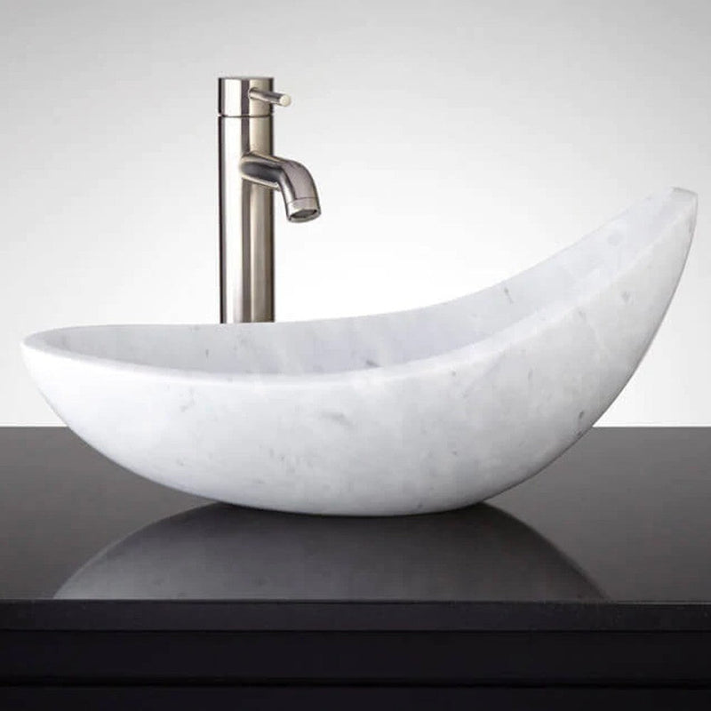 carrara white marble asymmetric over counter vessel sink W14 L22 H8 SKU-YEDSIM08 installed on over counter product shot