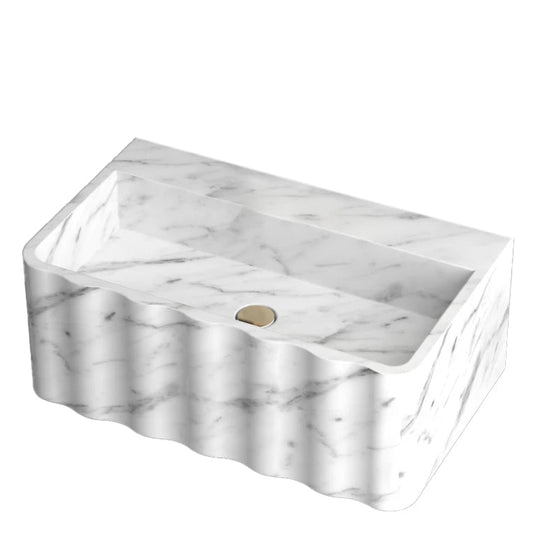 Carrara White Marble Wall-mount Bathroom Sink Fluted Front (W)16" (L)28" (H)10" honed angle view