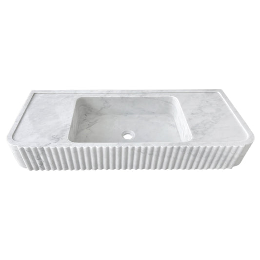 Carrara White Marble Wall-mount Bathroom Vanity Sink Fluted (W)16" (L)40" (H)6" polished top angle view
