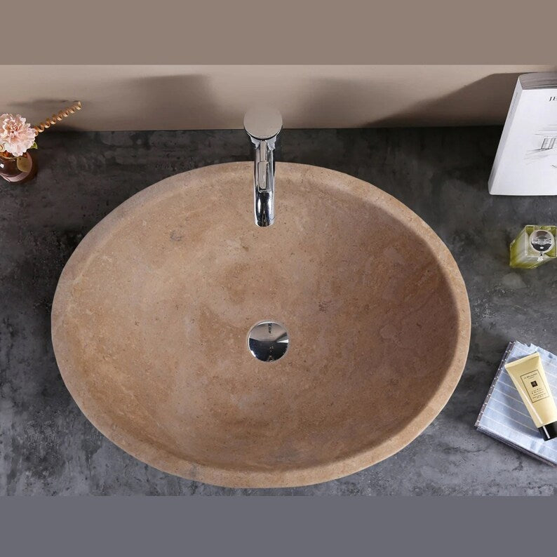 gobek karina walnut travertine natural stone vessel sink honed and filled KMRC16206W bahtroom view