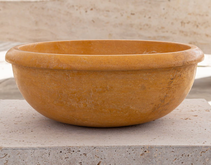 gobek natural golden sienna natural stone vessel sink honed and filled SKU KMRC166DI Size (D)16" (H)6"  side view product shot