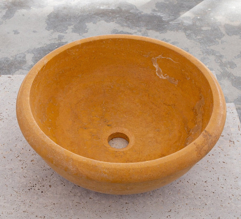 gobek natural golden sienna natural stone vessel sink honed and filled SKU KMRC166DI Size (D)16" (H)6"  side view product shot