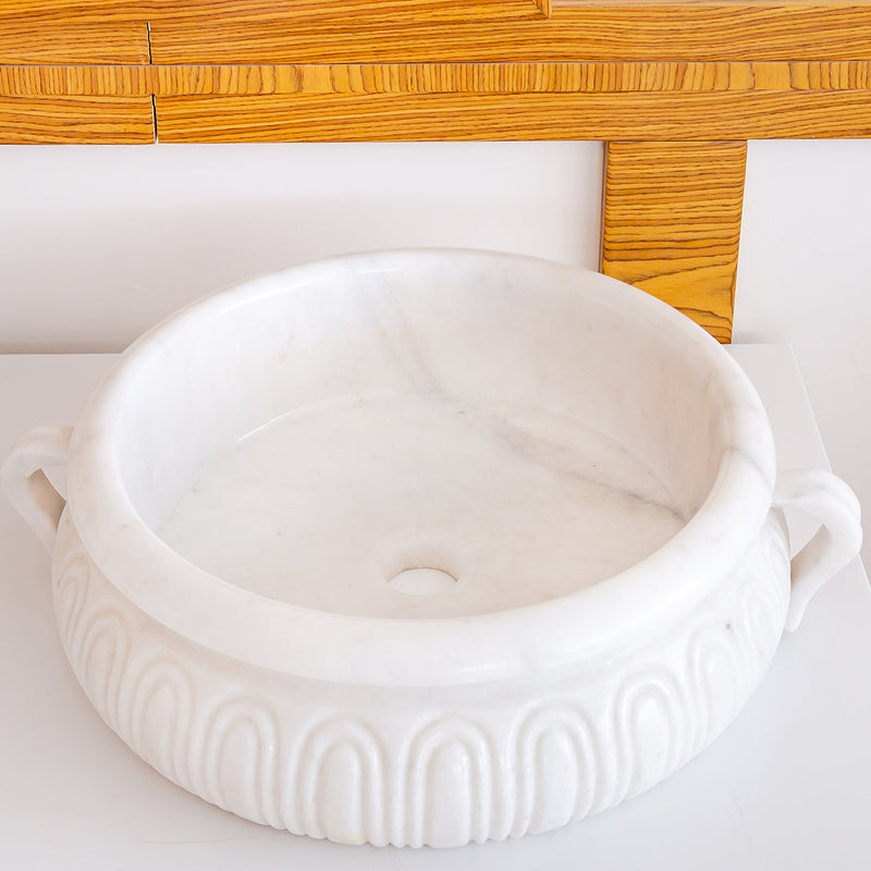 gobek natural stone white marble vessel sink bowl polished SKU NTRVS20 size (D)17" (H)6" side view product shot