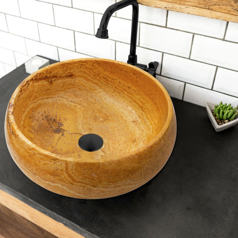 golden Sienna travertine natural stone Vessel Sink polished and filled size D16 H6 SKU EGEGSTR1673 installed on kitchen