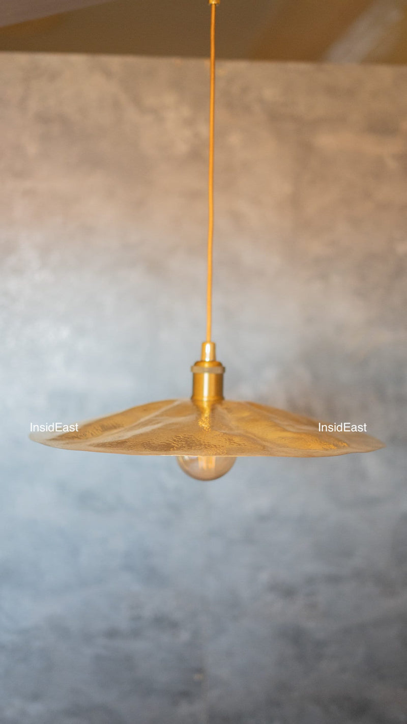 Hammered Brass Flat Disc Pendant Light, Brass Plate Lampshade, Flat Circle Shade