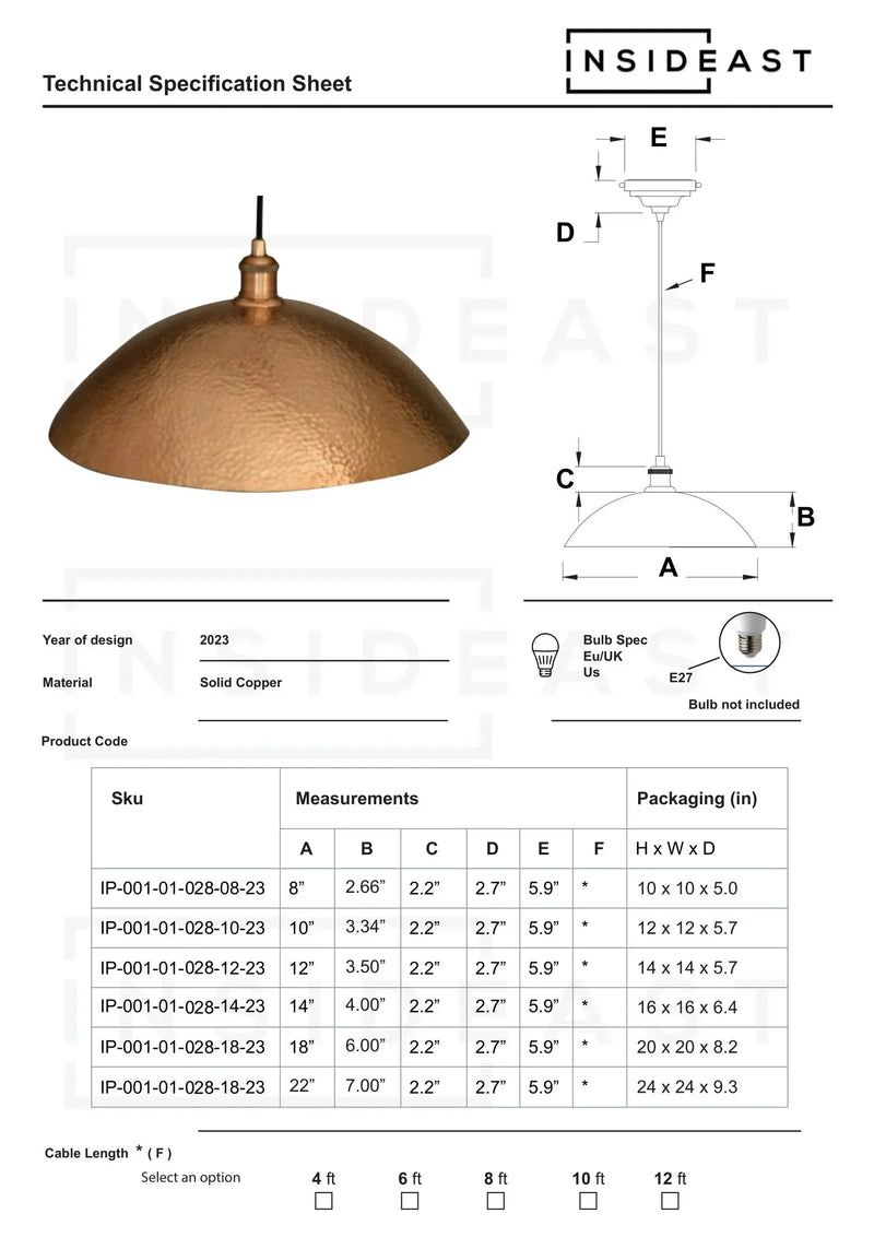 Hammered Solid Copper Dome Pendant Light, Ceiling Light