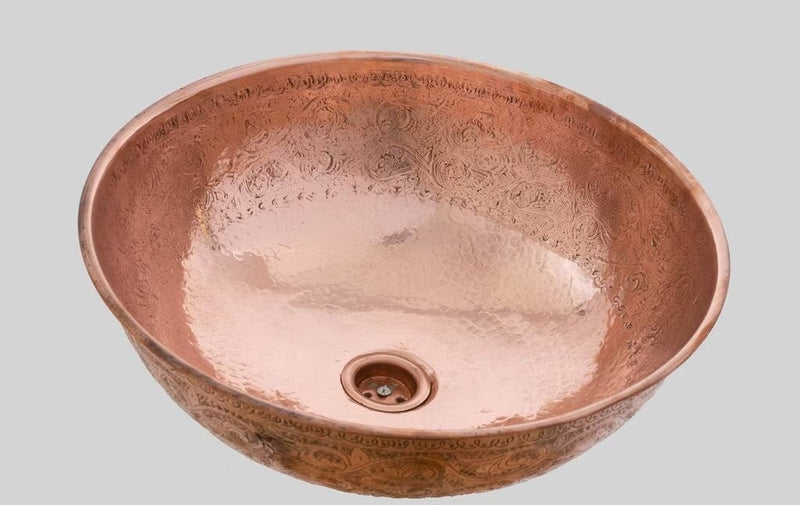 Copper Bathroom Sink, Vessel Sink, Bowl Sink, Hand Hammered and Engraved