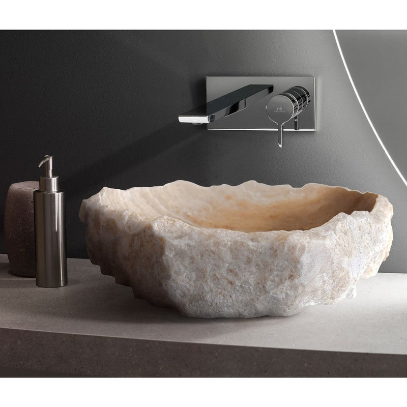 honey onyx natural stone vessel sink surface polished hand split size irregular SKU 202115 bathroom view