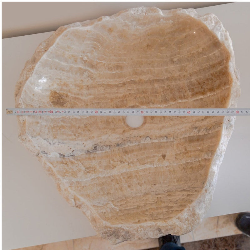 honey onyx natural stone vessel sink surface polished hand split size irregular SKU 202115 width measure view product shot