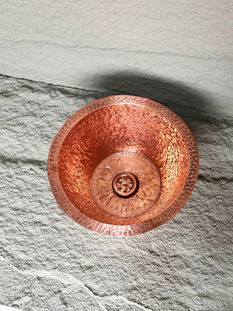 Round kitchen Sink, Hammered Copper Round Drum Bar Sink Including Drain