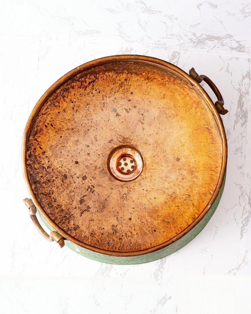 Green Patina Copper Bucket Vessel Bathroom Sink with Handles