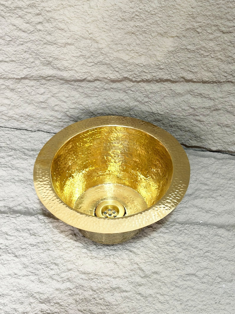 Brass Round Bar Sink, Hammered Brass Round Drum Prep Sink Including Drain