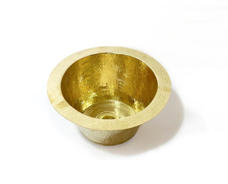 Brass Round Bar Sink, Hammered Brass Round Drum Prep Sink Including Drain