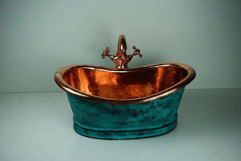 Green Patina Copper Tub-Style Bathroom Vessel Sink Vanity